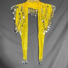 - New Without Tags - Semi-Sheer, Bright Yellow, Shawl With Crochet Overlay With Dangling Silver Coins - Able To Be Worn Over Shoulders Or Tied Around Waist Fancy Shawl Yolk, Yellow Shawl, Crochet Overlay, End To End, Silver Coins, Bright Yellow, Scarf Wrap, Scarf Accessory, Shawl