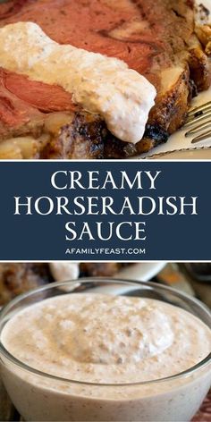 creamy horseradish sauce in a glass bowl next to a plate with steak