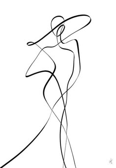 a black and white line drawing of a woman in a dress with a hat on her head