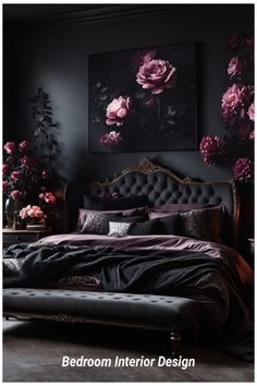 a bedroom with black walls and purple flowers on the wall above the bed is an ornate headboard