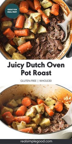 two images showing how to make juicy dutch oven pot roast