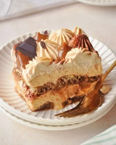 a piece of cake sitting on top of a paper plate with a fork in it