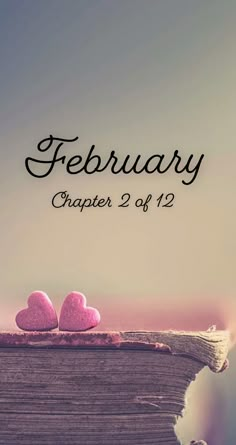 two pink hearts sitting on top of a pile of books with the words, february