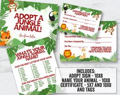 an animal themed birthday party ticket with jungle animals on the front and back, along with matching envelopes