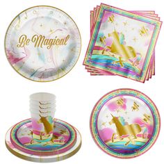 unicorn themed plates and napkins with gold foil lettering