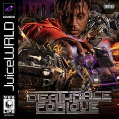 the cover art for juiced up, featuring a man holding a car in front of fire