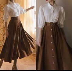 Jane Eyre Inspired Outfits, House Wife Aesthetic Outfit, Brown Dress Vintage, Edwardian Inspired Outfits, Modern Pirate Fashion, Fantasy Scholar Outfit, Modest Academia Outfits, Ravencore Outfit, Dark Academia Long Skirt