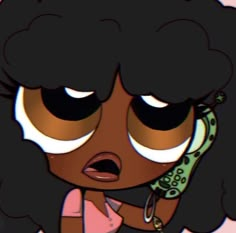 a cartoon girl talking on a phone with big eyes and an afro hairstyle in front of her face