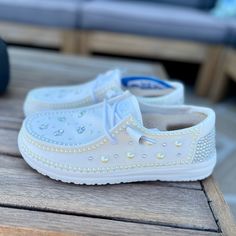 Customized Hey Dudes For Brides And Bridesmaid. Dm For Additional Customization Hey Dude Wedding Shoes, Wedding Hey Dudes For Bride, Bridal Hey Dudes, Comfy Wedding Shoes Brides, Wedding Hey Dudes, Wedding Heels For Bride, Comfy Wedding Shoes, Hey Dudes, Wedding Shoes Bride