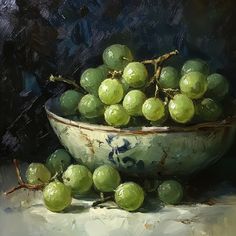 a painting of green grapes in a bowl