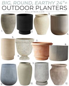 the big round earthy planters are all different colors and sizes, but they're