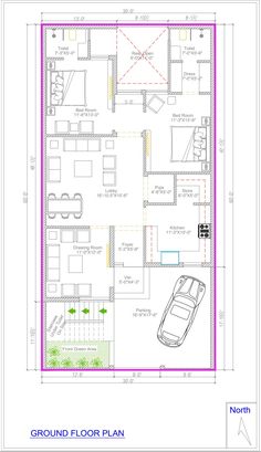 the ground plan for a house with two floors and one car parked in front of it