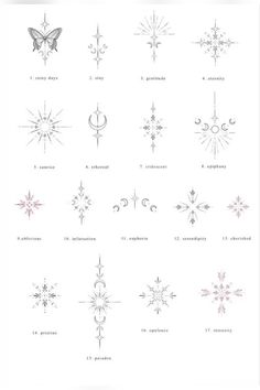 the different types of snowflakes are shown in black and white