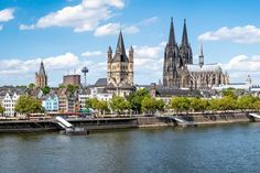 the skyline of cologne, germany as seen from across the river on a sunny day