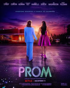 the poster for prom starring two women in pink and blue outfits, one holding hands