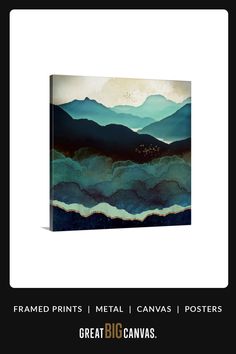 a painting with mountains in the background and text that reads, framed prints metal canvass posters