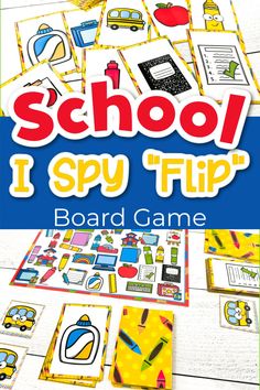 school i spy flip board game with the words school i spy flip in front of it