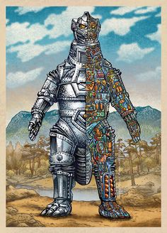 a drawing of a giant robot standing in the desert