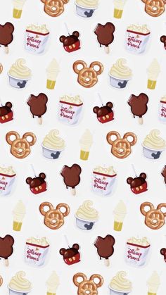 an image of some food and drinks on a white background with the words mickey mouse