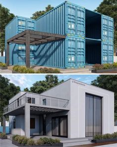 two pictures side by side of a building made out of shipping containers