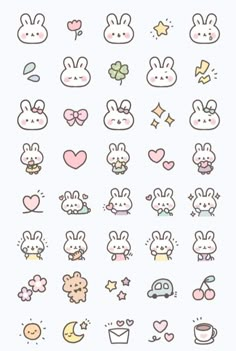 some cute little bunny stickers on a white background with pink and blue stars, hearts,