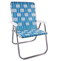 a blue and white striped lawn chair on a white background with clippings to the side