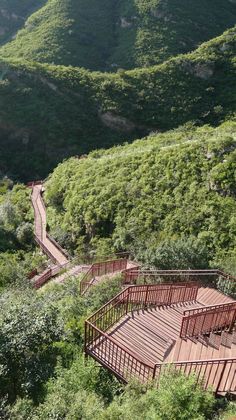 an aerial view of a wooden walkway in the mountains