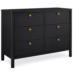 a black dresser with gold knobs on the top and bottom drawers, against a white background