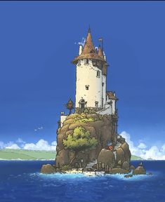 an animated image of a castle on top of a rock in the ocean with blue sky and clouds