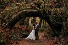 a bride and groom standing under an arch in the woods