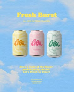 three cans of fresh burst on a blue sky with clouds in the background and text below