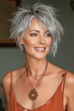 50 Pixie haircuts for older women Long Messy Pixie Haircut, Short Gray Hair Over 50, 2024 Haircuts, Razor Cut Bob, Pepper Hair, Short Sassy Haircuts, Short Silver Hair, Woman Hairstyles, Shaggy Short Hair