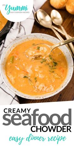 the creamy seafood chowder is ready to be eaten