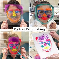 four pictures of children with their faces painted in different colors and shapes, including the words portrait primmaking