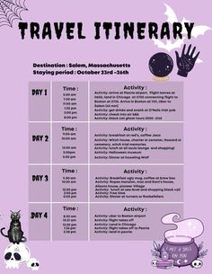 a poster with the words travel itinerary written in black and white on purple