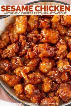 sesame chicken in a white bowl on top of a table with the words sesame chicken written above it