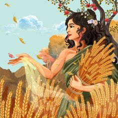 a painting of a woman in a wheat field