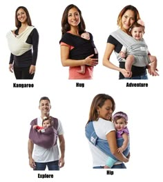 four different types of baby slings with the names in english and spanish on them