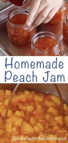 homemade peach jam recipe in jars on a metal tray with text overlay that reads homemade peach jam