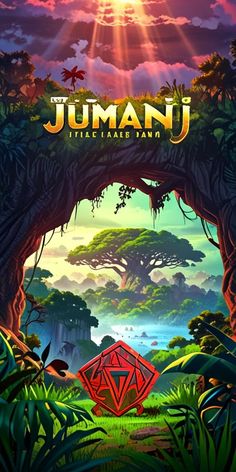 the poster for juman's jungle island is shown in front of a sunset