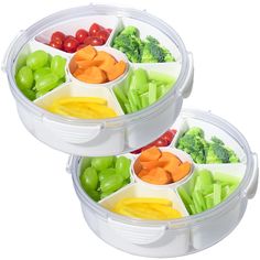 two plastic containers filled with different types of fruits and veggies on top of each other