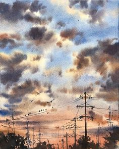 watercolor painting of clouds over power lines and telephone poles with birds flying in the sky