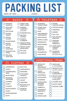 the packing list is shown in red and blue, with instructions to keep your belongings organized