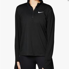 In Perfect Condition. Great For Running Black Half-zip Hoodie For Sports, Nike Workout Tops With Ribbed Cuffs, Nike Black Hoodie For Workout, Black Stretch Half-zip Top, Nike Half-zip Winter Top, Nike Long Sleeve Hoodie For Running, Nike Winter Half-zip Top, Nike Athleisure Hoodie For Running, Black Sweatshirt For Sports