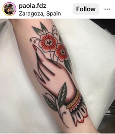 a woman's arm with flowers on it, and the words follow written in spanish