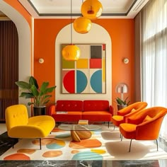 an orange and yellow living room with modern furniture