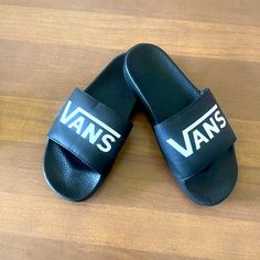 Basically Brand New Worn A Few Times. Vans Slides -Black- With White Vans Logo., Very Comfortable Vans Slides, Vans Black And White, Vans Logo, Shoes Vans, White Vans, Vans Black, Sandals Flip Flops, Vans Shoes, Flip Flop Sandals