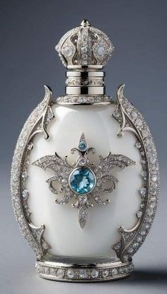 an ornate white perfume bottle with a blue stone in the center and diamond trimmings around it