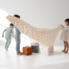 two children are playing with a blanket and boxes on the floor in front of them