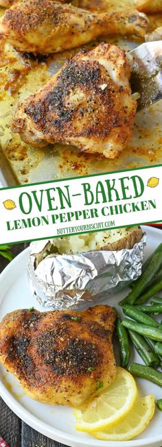 oven baked lemon pepper chicken on a white plate